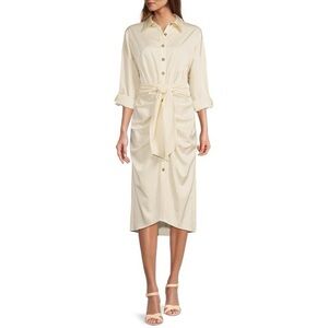 Antonio Melani Cream Button-Down Midi Shirt Dress Tie